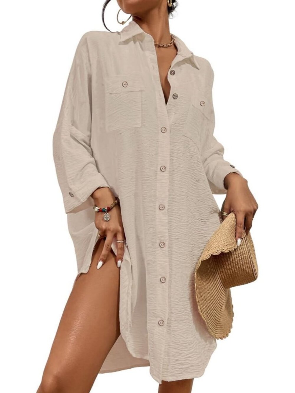 Women's Apricot Polyester Button Down Shirt Cover Up Swimsuit Beachwear Cover Up
